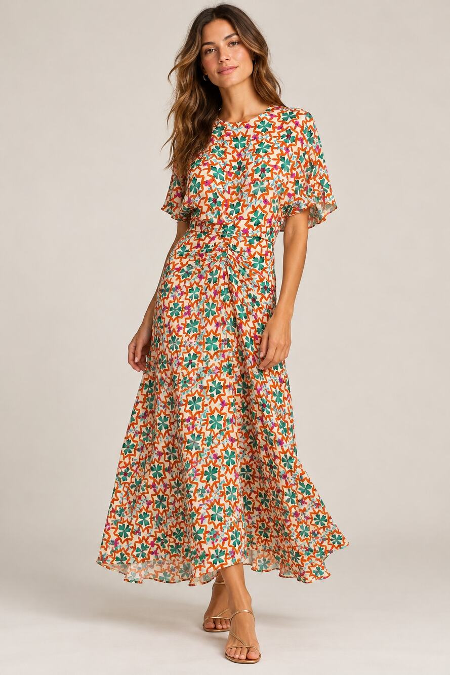 Saloni Marta Midi Dress US 2 UK 6 Sorrel Orange Green Floral Ruched Viscose NWT